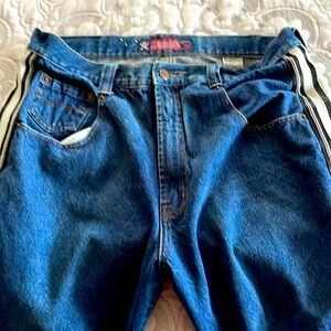 Men’s jeans, 38 Waist, 34 Length, Gray Striped down the legs